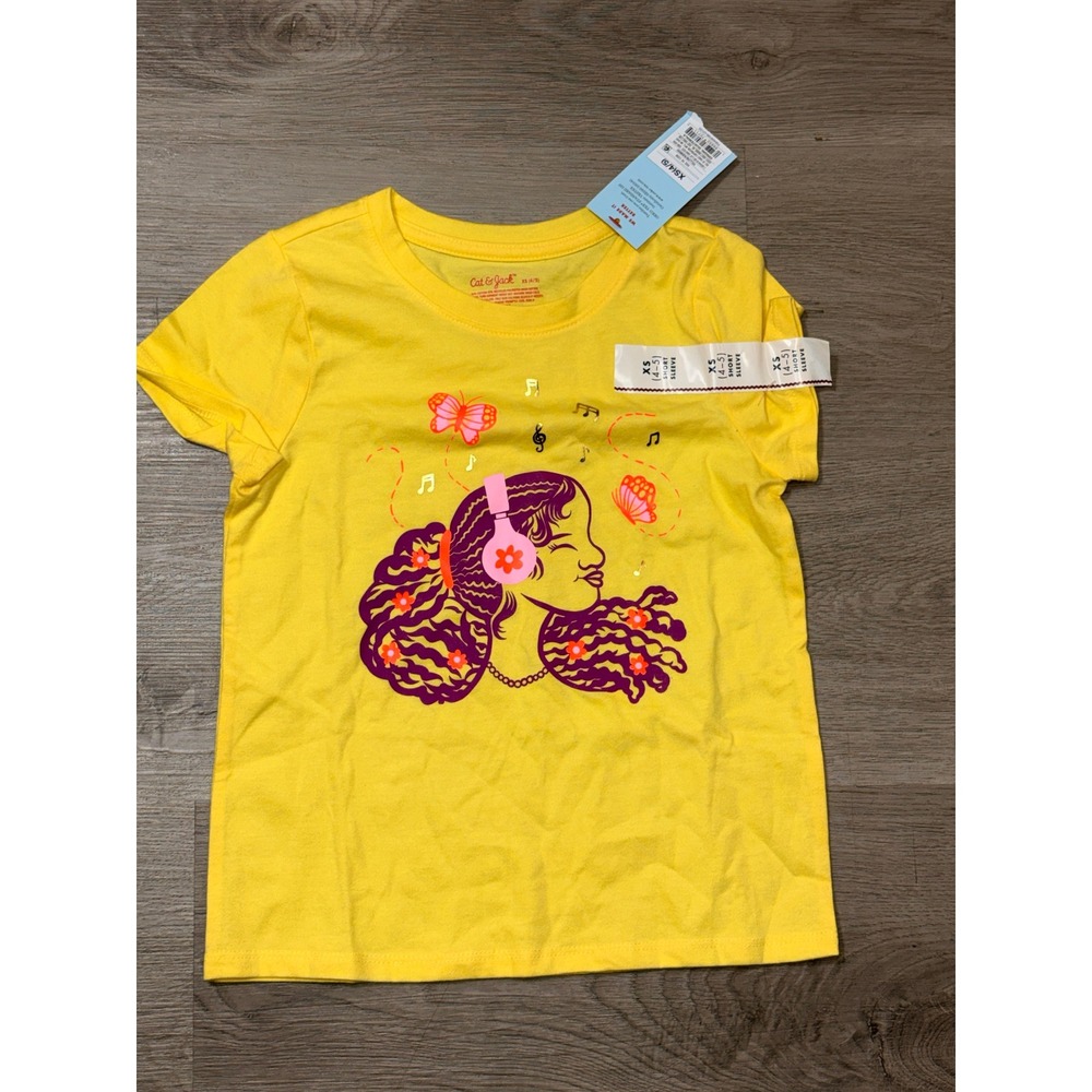 Cat & Jack Girls Yellow Music Girl Graphic Tee Shirt Gold Foil XS 4-5 NWT